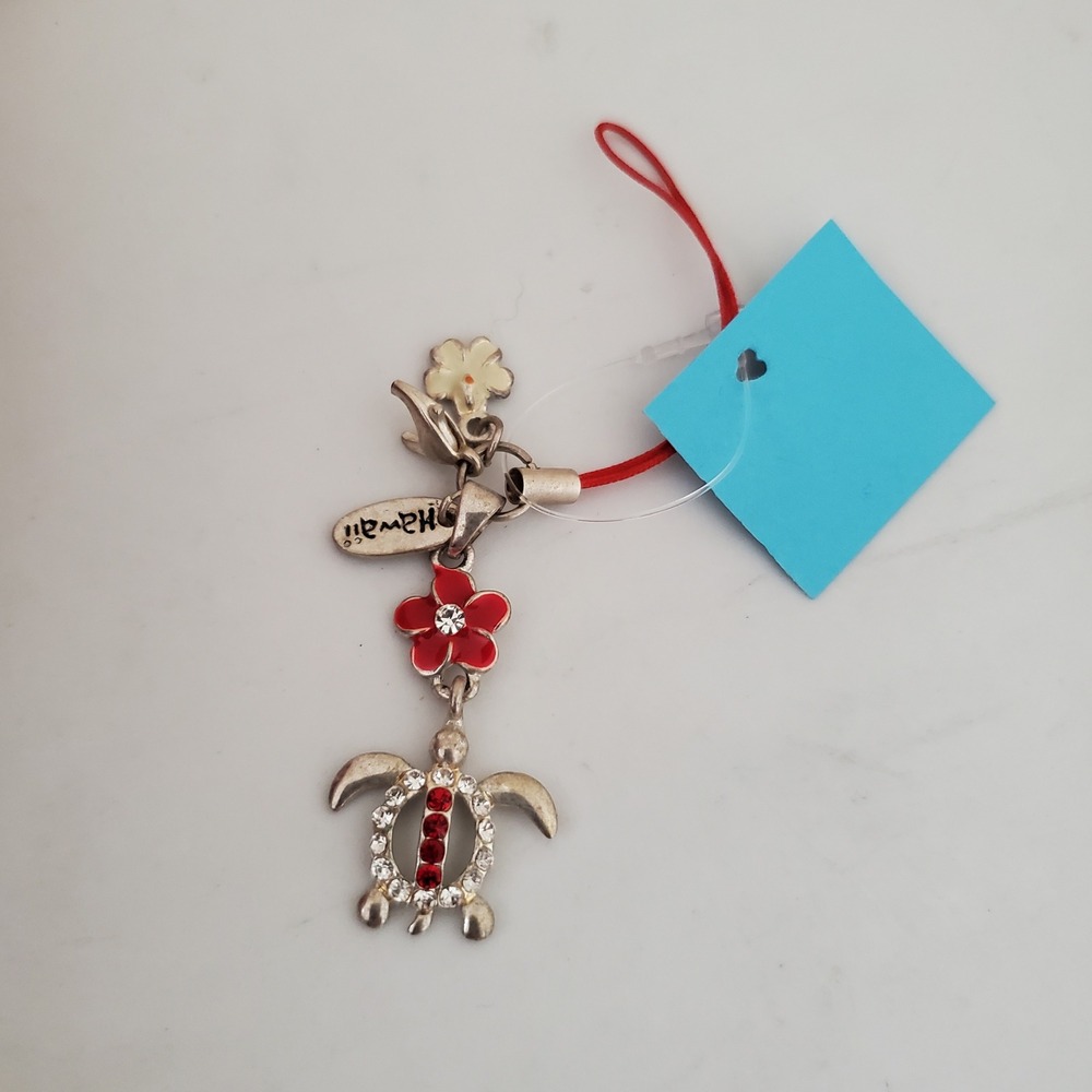 Hawaii Sea Turtle Honu Hibiscus Flower Charm Phone Strap Red Silver Tone Aloha